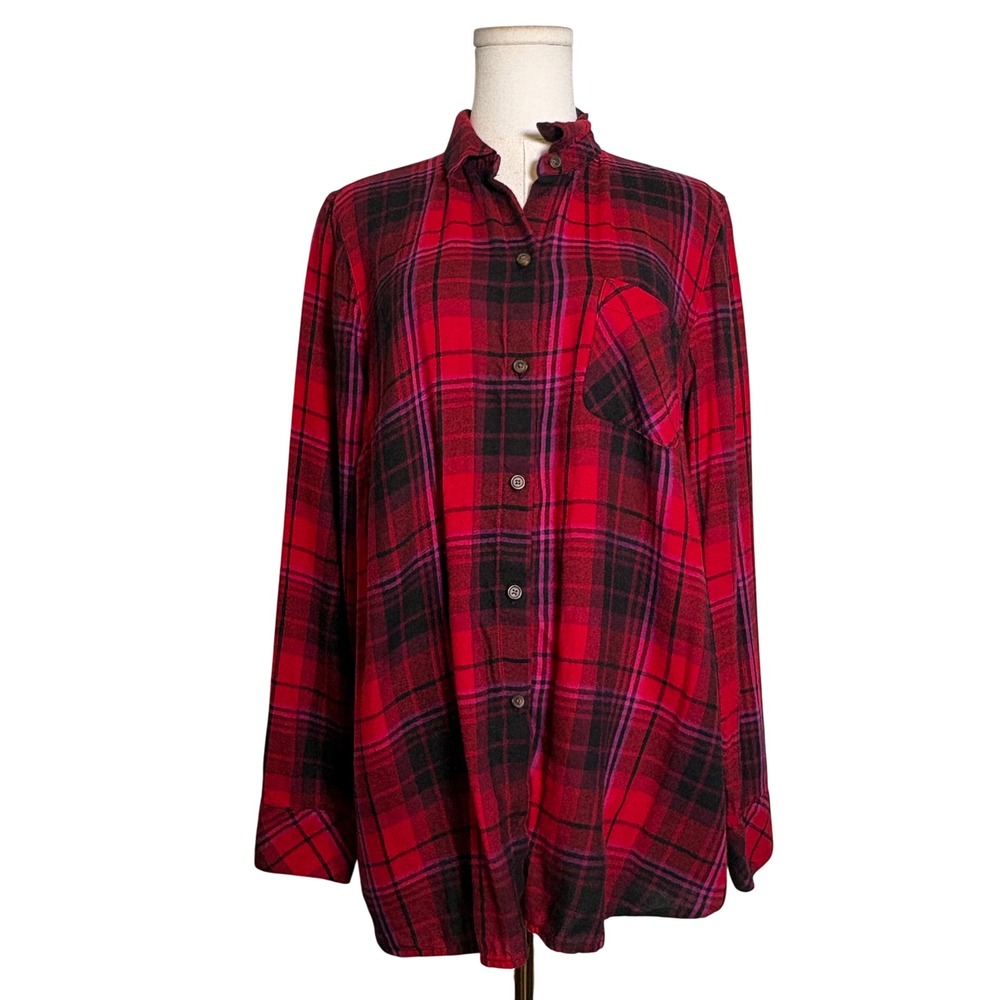 J.Jill Womens Plaid Flannel Style Button Down Red Shirt Tencel Blend Medium